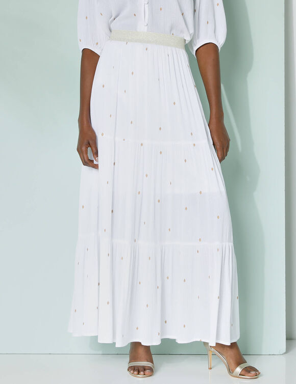 Jupe longue volantée imprimé doré, crépon (blanc / doré) Jupe longue volantée imprimé doré, crépon (blanc / doré)